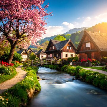 Charming village by a stream.  Cherry blossoms and sunlight