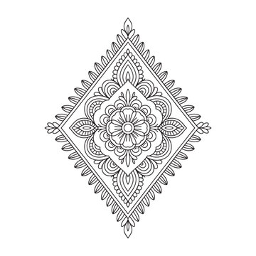 Black and white diamond shaped floral mandala pattern line art geometric symmetrical