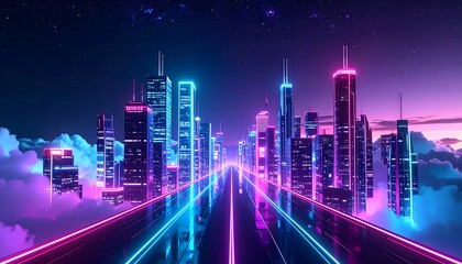 Journey through a vibrant digital metropolis with a retro-futuristic aesthetic, featuring glowing neon skyscrapers and a light-speed highway above the clouds