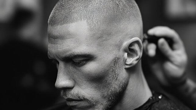Black and white photo of a man getting a haircut, electric clippers in hand trimming his buzz cut, focused atmosphere in a barbershop - Powered by Adobe