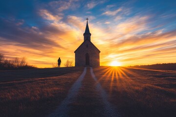 Obraz premium Silhouetted church at sunset, person standing on path, peaceful scene.