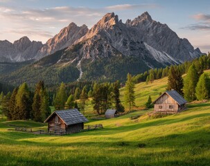 Obraz premium Picturesque alpine meadow with wooden houses and majestic mountains