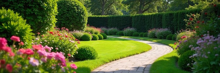 Serene garden path winding through lush, meticulously manicured landscaping featuring vibrant flowers and well-placed shrubs  Perfect for relaxation and outdoor living , spring, outdoor, foliage