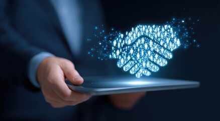 Businessman holding tablet with glowing digital handshake hologram for online agreement.