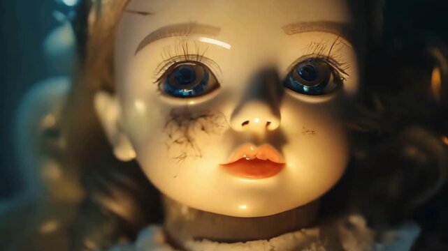 Creepy Doll Face with Eerie Eyes and Scratches. This clip is a powerful visual for a variety of creative and dramatic applications