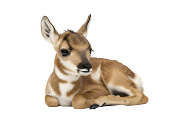 A young pronghorn fawn rests, showcasing its soft, light brown fur and white markings against a striking black background.