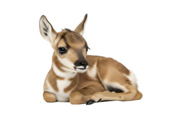 A young pronghorn fawn rests, showcasing its soft, light brown fur and white markings against a striking black background.