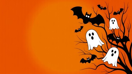 Whimsical Halloween scene with friendly ghosts and flying bats against an orange background. halloween background with ghost