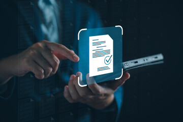 Businessman manage digital procurement process with business contract, invoice, approval documents, representing B2B sourcing, vendor management, supply chain.