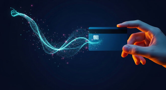 Hand holding credit card, glowing particles stream from it, dark blue background, symbolizes digital payment, online transaction, financial technology