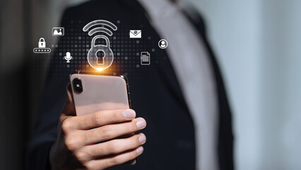 Hand holding smartphone with cyber security lock icons, secure mobile internet and online privacy concept