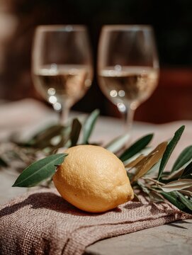 Rustic Italian still life with lemons, fruits and Mediterranean textures. Wooden tables, stone walls and authentic Italian kitchen atmosphere