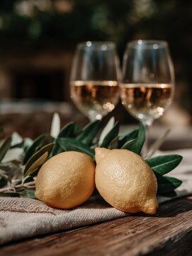 Rustic Italian still life with lemons, fruits and Mediterranean textures. Wooden tables, stone walls and authentic Italian kitchen atmosphere