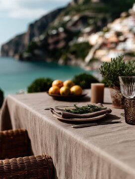 Rustic Italian still life with lemons, fruits and Mediterranean textures. Wooden tables, stone walls and authentic Italian kitchen atmosphere