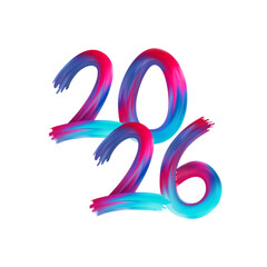 Fototapeta premium Dynamic 2026 typography with colorful brush strokes in diagonal layout. Modern festive lettering for New Year greeting cards, posters, banners and holiday projects.