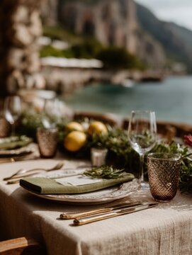 Rustic Italian still life with lemons, fruits and Mediterranean textures. Wooden tables, stone walls and authentic Italian kitchen atmosphere