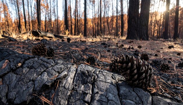 Charred forest floor after wildfire