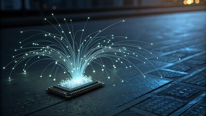 Glowing lines symbolize data flow in computer chip. Perfect for technology, innovation, data, security, and information technology concepts.