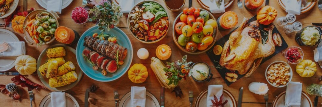 A festive Thanksgiving table with turkey, vegetables, and fruits. Thanksgiving feast with turkey, vegetables, and fresh fruits. Holiday meal with turkey and sides. Festive Thanksgiving dinner buffet. - Powered by Adobe