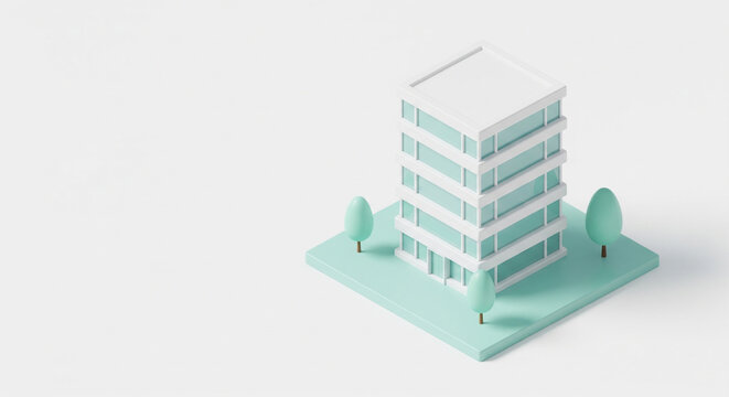 Minimalist 3D isometric building with two trees on a small patch of grass, representing architecture, business, and real estate