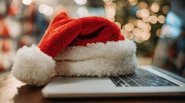 Santa hat on laptop for holiday e-commerce and online shopping concept - Powered by Adobe