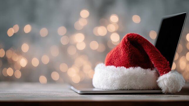 Santa hat on laptop for holiday e-commerce and online shopping concept
