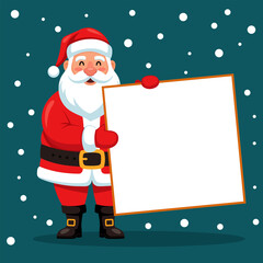 Illustration of a smiling Santa Claus holding a blank sign with snowflakes in the background, symbolizing Christmas messages and holiday greetings.