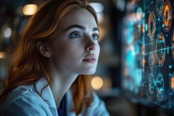 A young woman, possibly a scientist, gazes intently at a futuristic digital interface, showcasing technological advancement and data analysis.