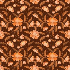 Seamless floral vector pattern with orange and peach flowers and leafy design on dark brown background, perfect for fabric, wallpaper, vintage packaging, textile surface print, and decorative interior