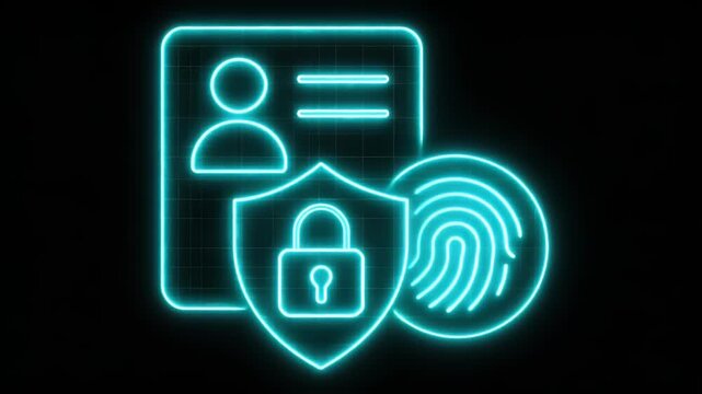 Cyber Security Protection: An illustration of cybersecurity protection showcases a sleek, neon-styled design featuring biometric authentication elements to show how user ID verification works.