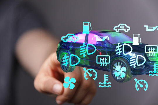 Interactive 3D car model with illuminated warning lights and maintenance indicators.