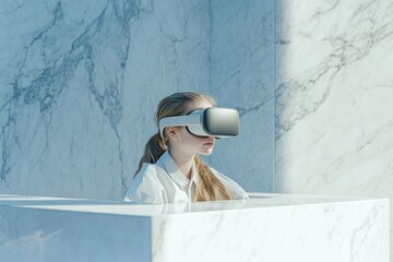 Young woman immersed in virtual reality, experiencing a digital world through a VR headset.