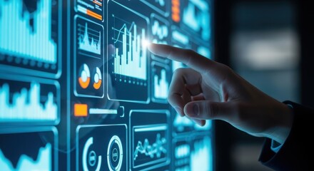 Hand interacting with a futuristic digital interface displaying complex data and charts