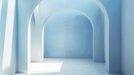 Fototapeta premium Indoor Minimalist Background: Warm Sunlight, Soft Light Blue Arches & Serene Geometry with Light and Shadow