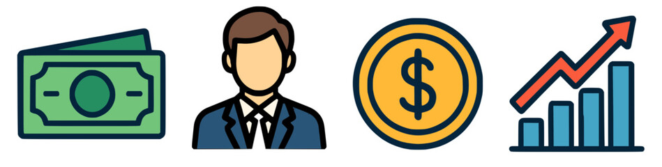 Illustration of financial icons with money and progress bar