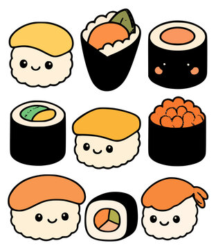 Naklejki Illustration of cute sushi characters made of rice and fish