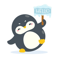 Kawaii penguin holding sign with word 