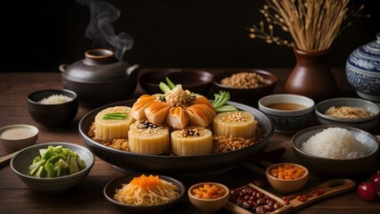 Delicious Asian-inspired banquet featuring a variety of colorful dumplings, fresh vegetables, and sauces arranged elegantly on a wooden table Generative AI