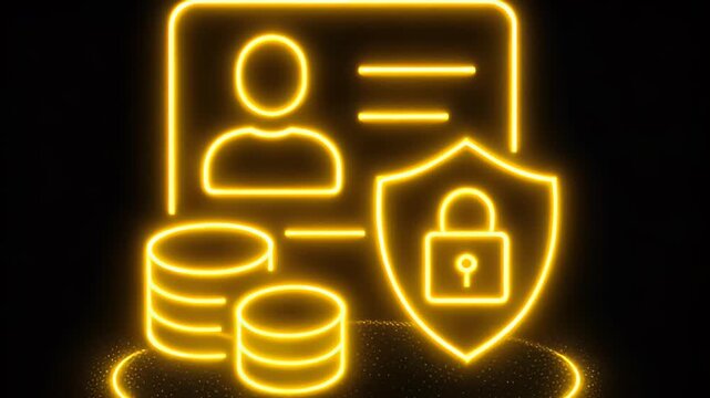 Secure Financial Identity: A striking neon illustration showcasing a combination of personal profile, digital coins, and a security shield, highlighting the significance of protected finances.