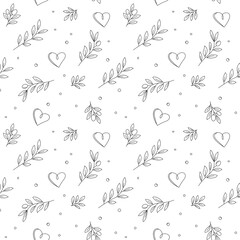 A decorative seamless pattern featuring olive branches and hearts.