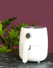 White air fryer on marble countertop next to plants