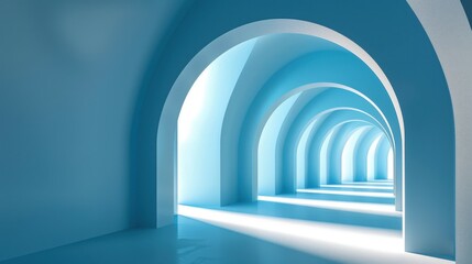 Fototapeta premium Indoor Minimalist Background: Warm Sunlight, Soft Light Blue Arches & Serene Geometry with Light and Shadow