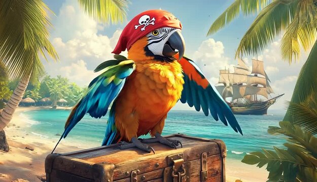 A vibrant, colorful parrot wearing a pirate hat with a skull and crossbones emblem, perched confidently on an old, weathered treasure chest
