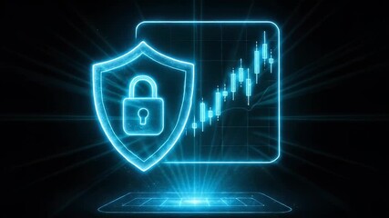 Digital Security: A luminous depiction of digital security, showcasing a glowing shield and padlock overlaid with a rising candlestick chart. - Powered by Adobe