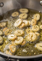 Naklejka premium Sizzling garlic slices in olive oil create a fragrant culinary symphony in the silver pot