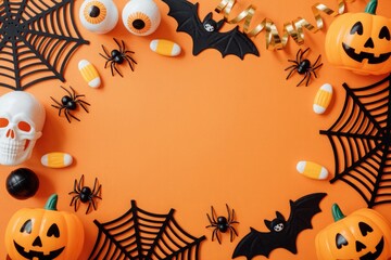 Festive halloween decorations border on orange background with copy space. halloween background with pumpkin and bats