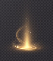 Golden shining vertical beam of light with swirling vortex at the base and glittering particles of glitter. Bright vector light effect on transparent background.