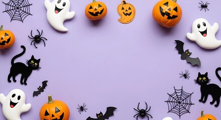 Create a delightfully spooky Halloween vibe with grinning pumpkins, black cats, bats, and ghosts on a festive lavender backdrop, perfect for party invites