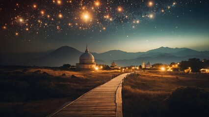 Obraz premium Night sky filled with stars over a serene landscape with a wooden pathway leading to historic structures in the mountains during twilight Generative AI