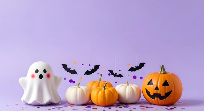Delightful Halloween scene features smiling jack-o'-lantern, charming ghost, and playful bats against a vibrant purple backdrop for festive invitations and decorations